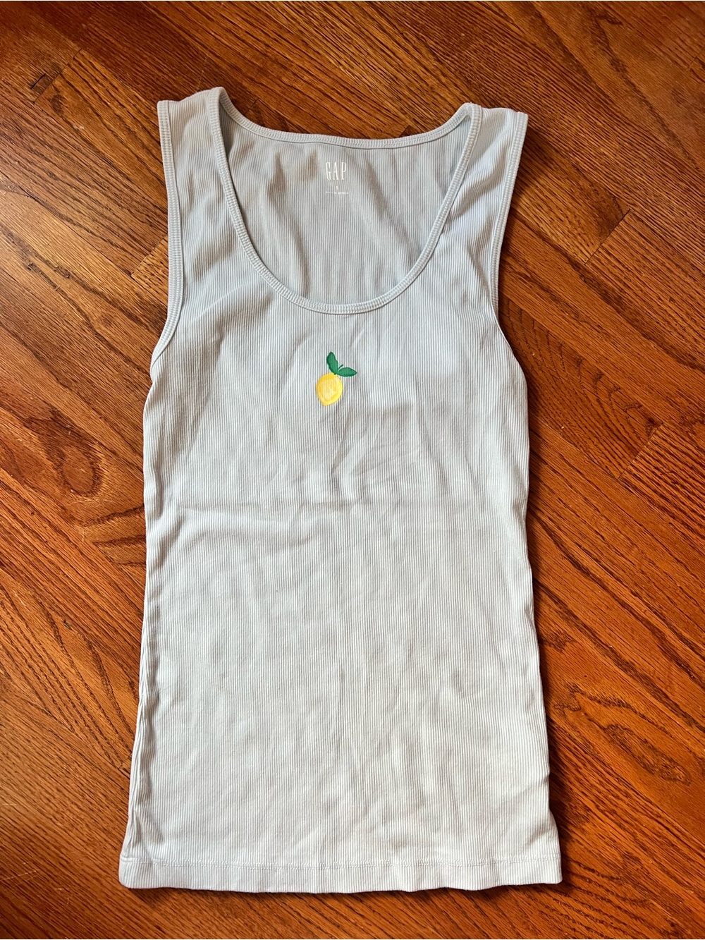 GAP Women's Light Blue Ribbed Tank with Lemon Graphic